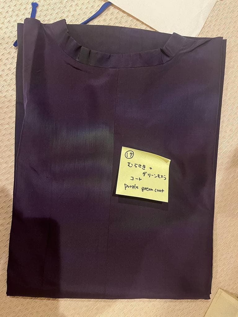 Folded purple coat with a note indicating purple and green colors.
