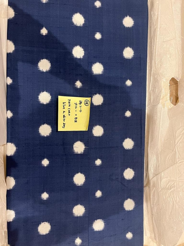 Close-up of blue fabric with white dot pattern.